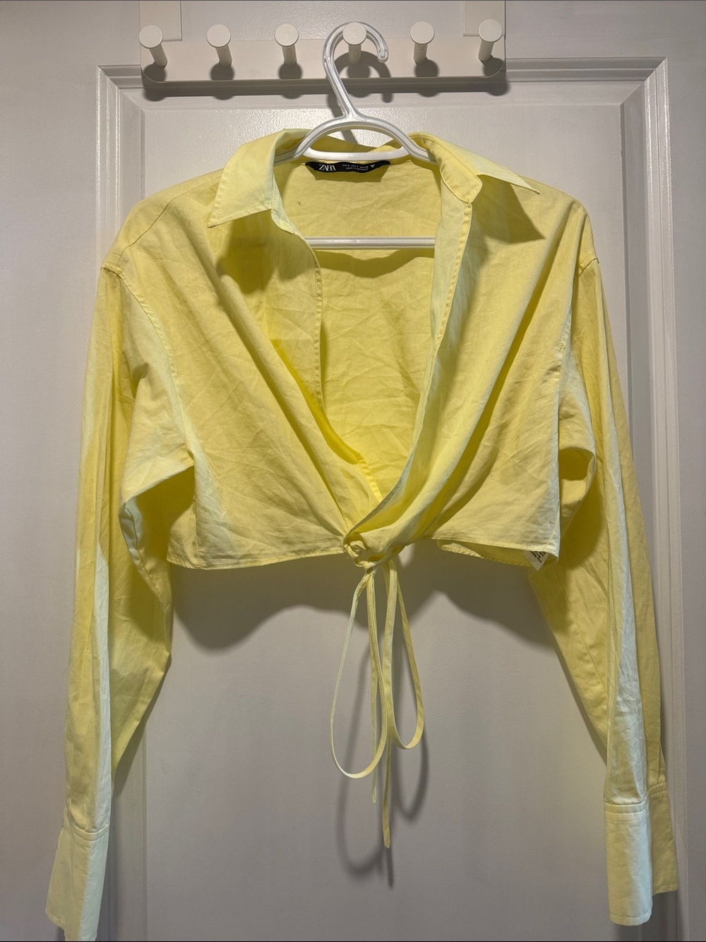 Zara Lemon Yellow Cropped Tie-Front Button Down Shirt